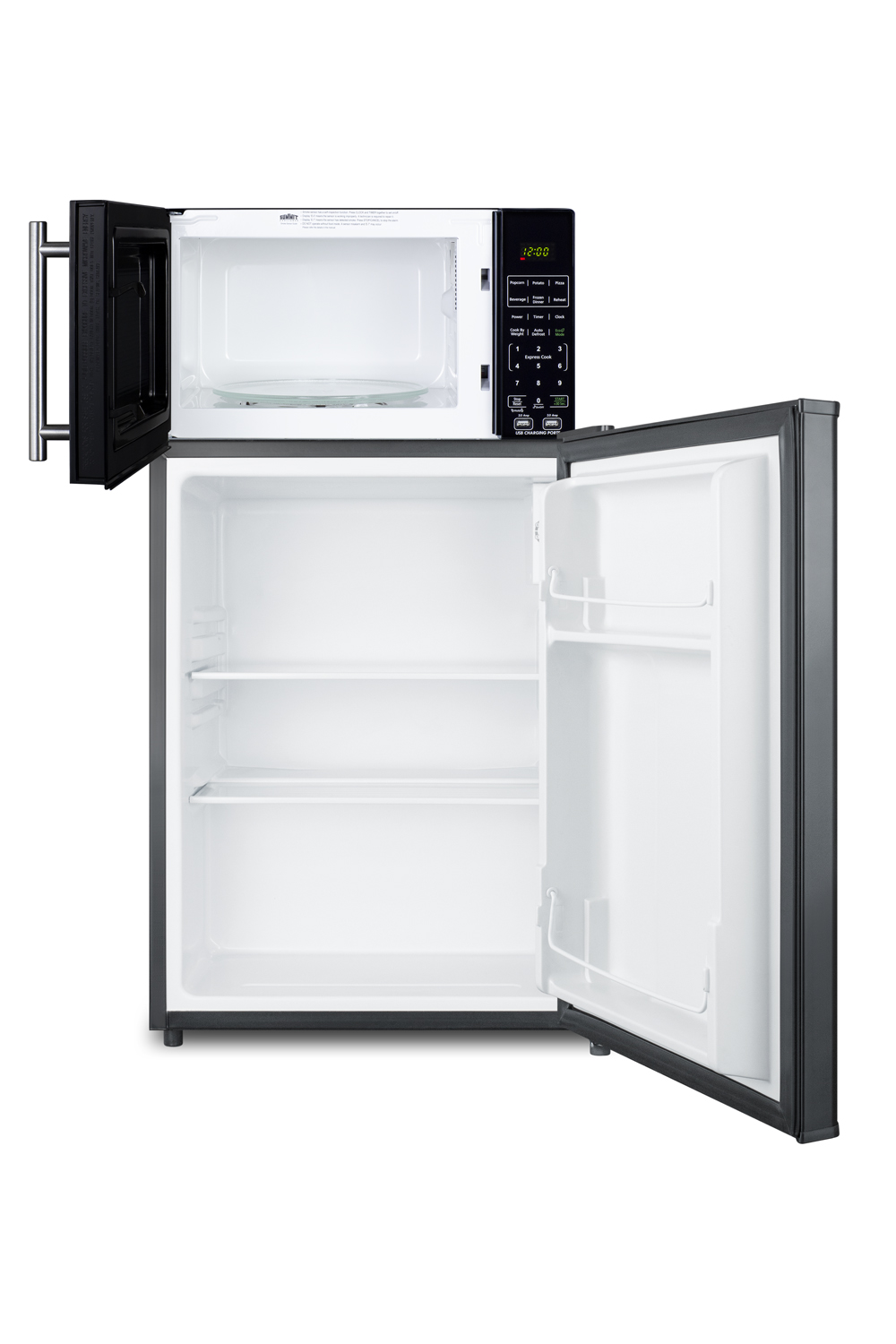 Compact all-refrigerator and microwave in black with allocator and USB ports for 1-plug operation; ships in three boxes on one pallet